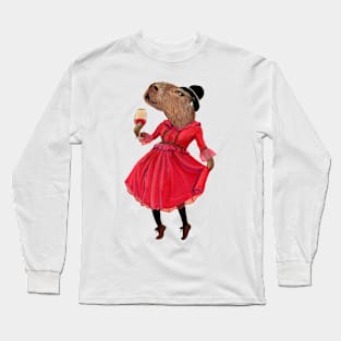 Lady Capybara wearing red dress Long Sleeve T-Shirt